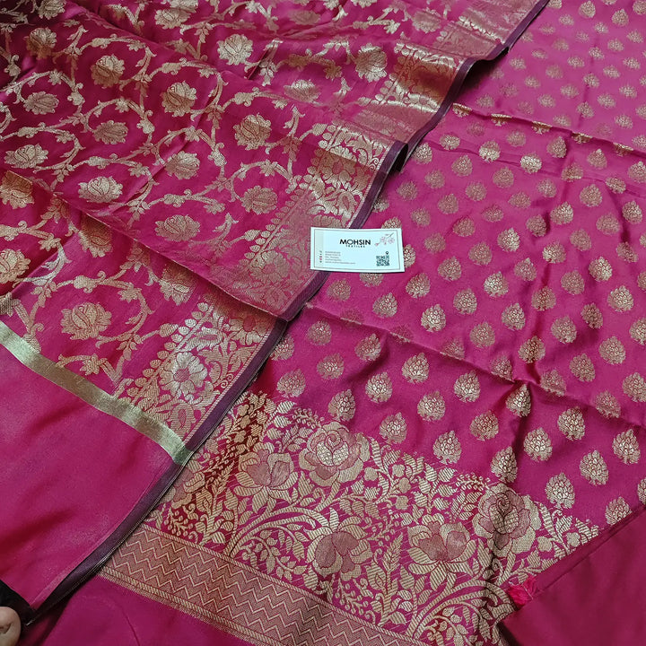 Pink Golden Zari Satin Silk Banarasi Suit
