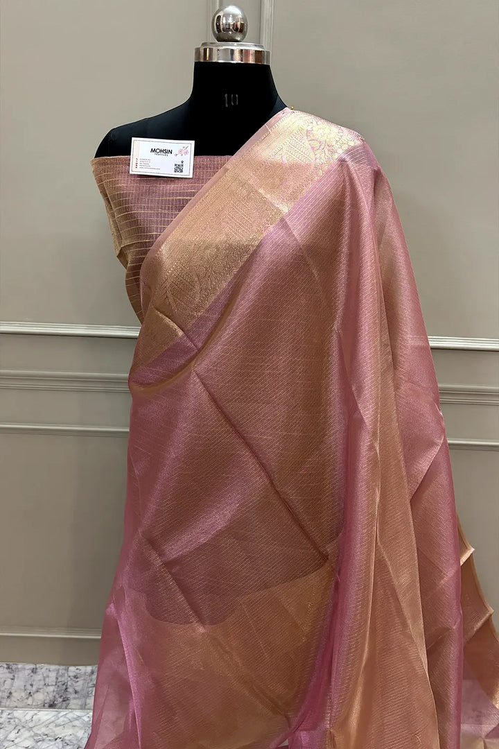 Pink Golden Zari Tissue Silk Banarasi Saree