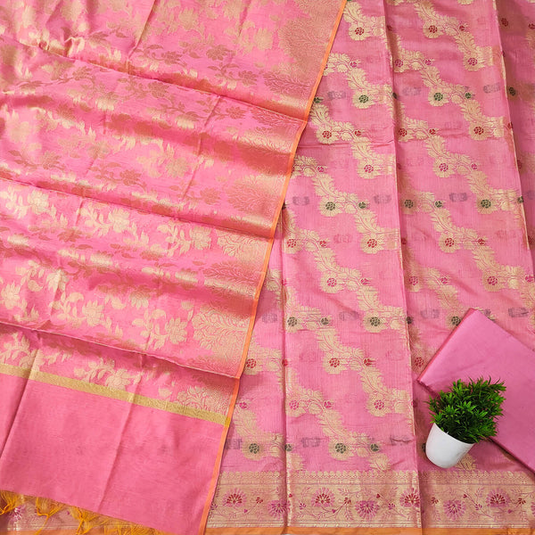 Pink Laheriya Golden Zari Banarasi Silk Salwar Suit