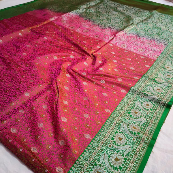 Pink and Green Jamewar Katan Silk Banarasi Saree