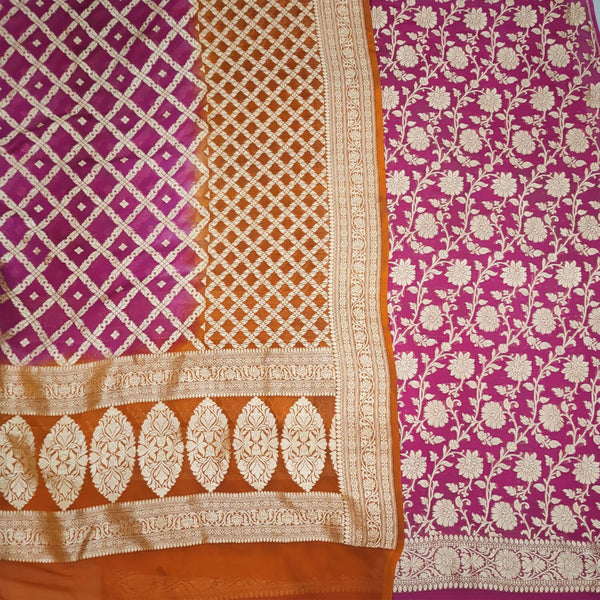Pink and Orange Handloom Georgette Silk Banarasi Suit