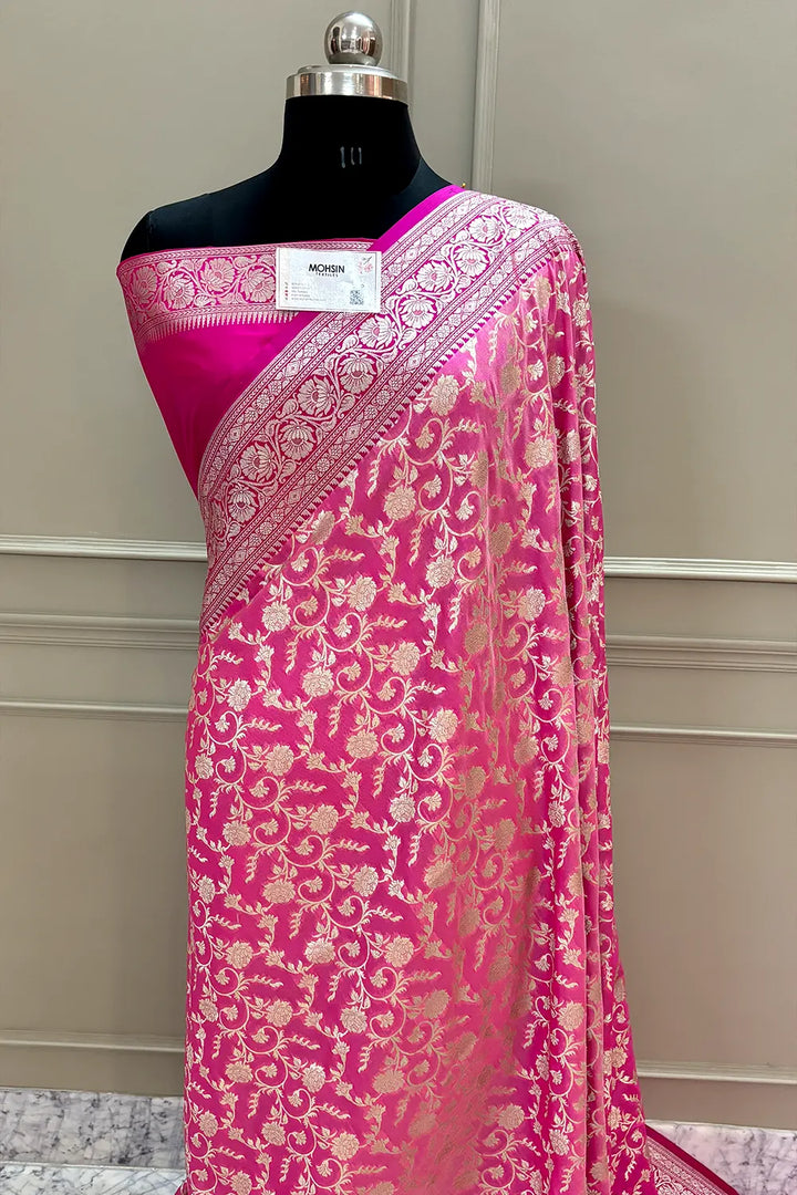 Pink and Rani Gulabi Jaal Katan Silk Banarasi Saree