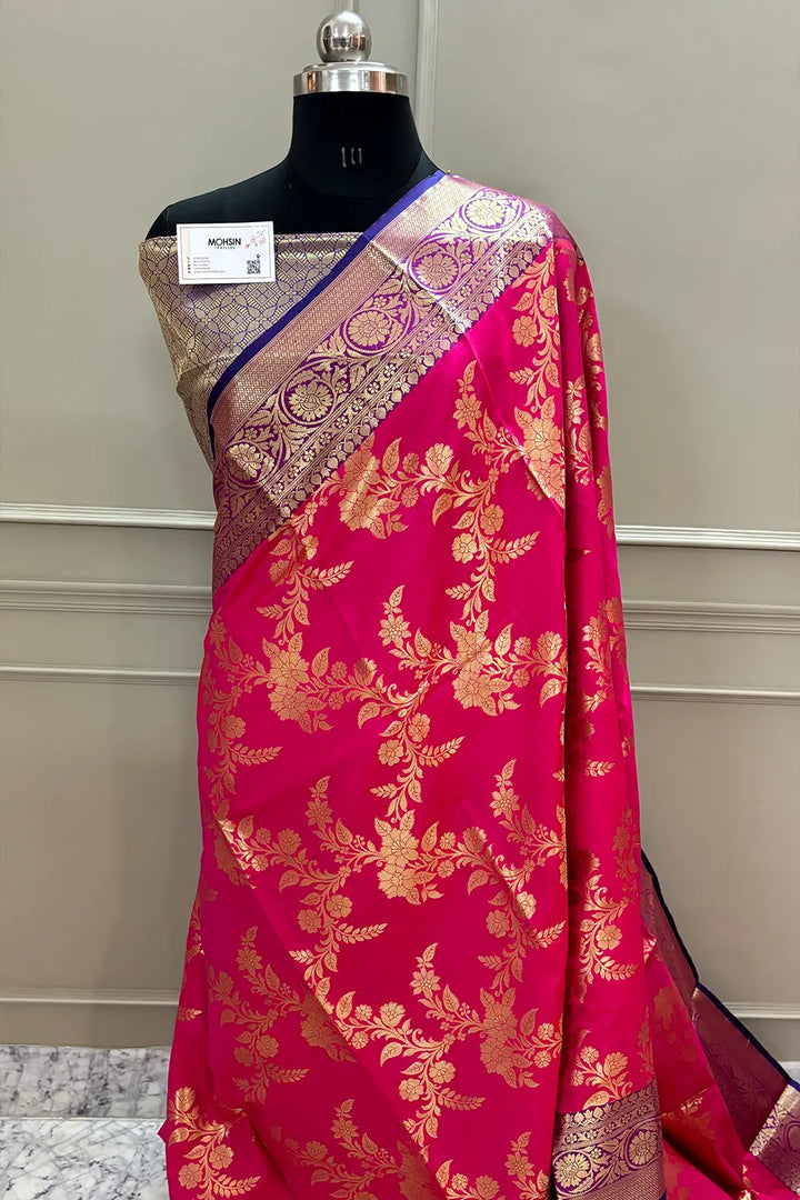 Pink and Royal Blue Bharama Jaal Satin Silk Banarasi Saree