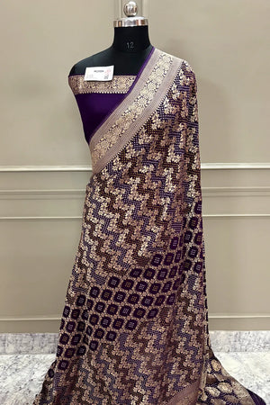 Purple Bandhej Georgette Silk Banarasi Saree