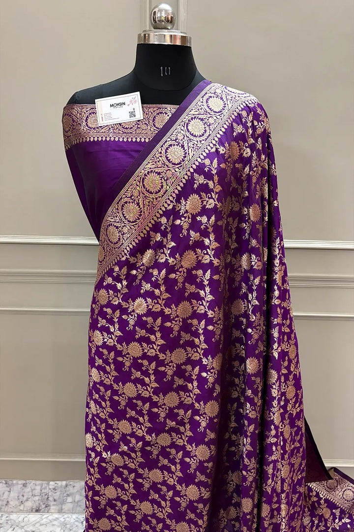 Purple Golden Zari Satin Silk Banarasi Saree