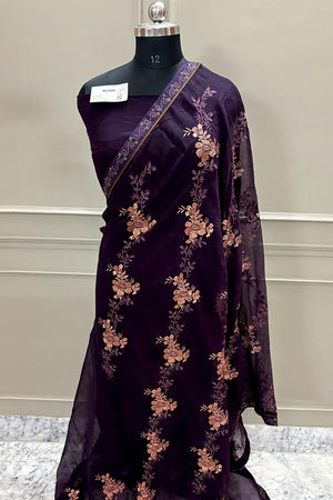 Purple Embordiery Siroski Work Georgette Silk Saree