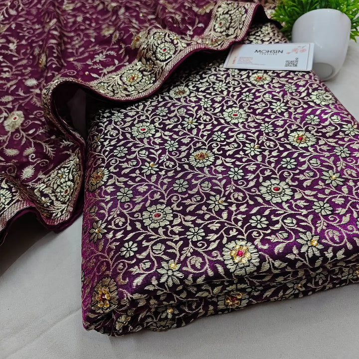 Purple Stone Work Kimkhab Silk Banarasi Gharara