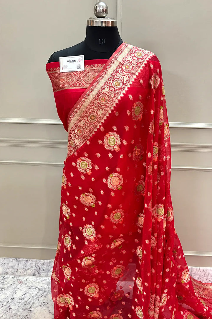 Red Golden Zari Organza Silk Banarasi Saree