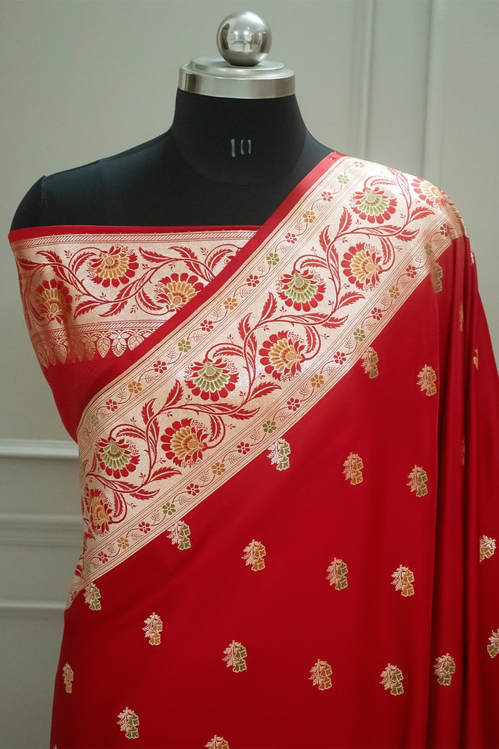 Red Twins Buti Katan Silk Banarasi Saree