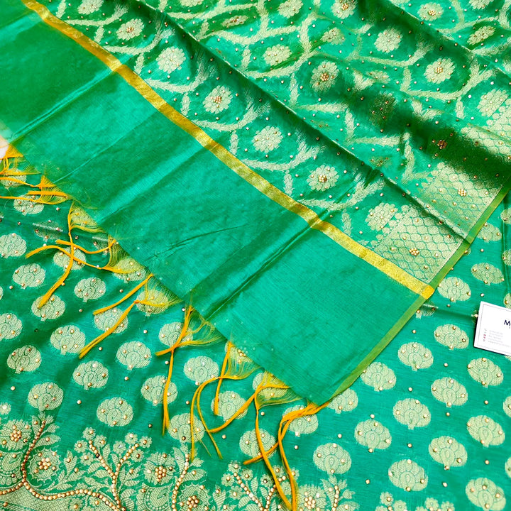 Sea Green Golden Zari Stone Work Banarasi Silk Suit