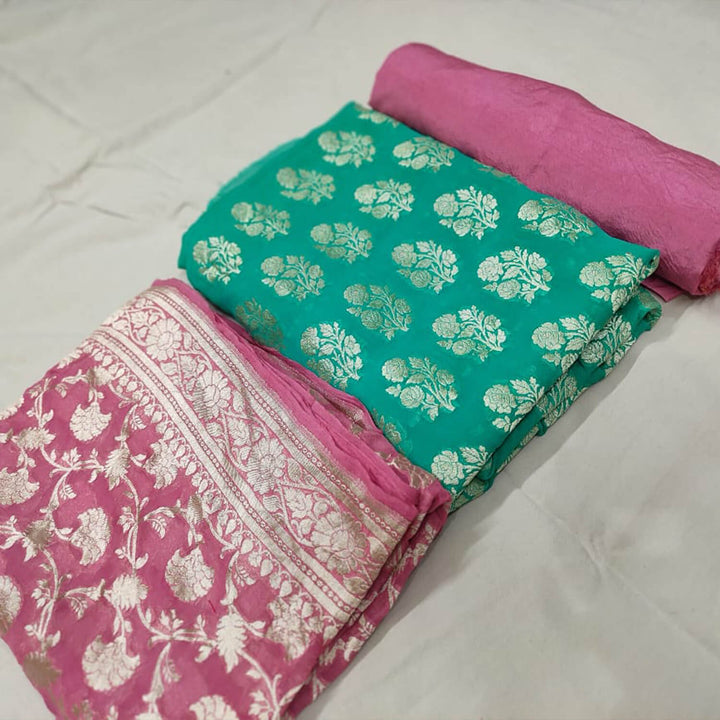 Sea Green and Baby Pink Handloom Georgette Banarasi Suit