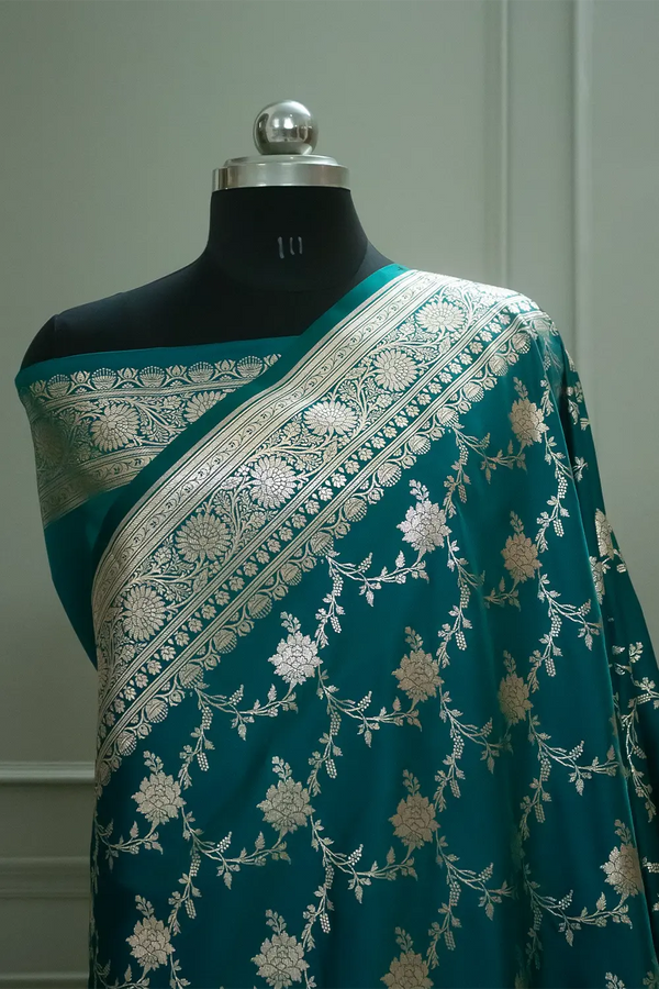 Teal Akbari Jaal Katan Silk Banarasi Saree