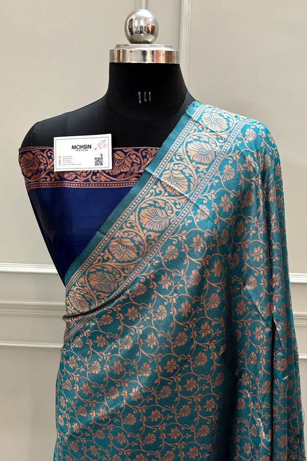 Teal and Navy Blue Antique Zari Silky Banarasi Saree