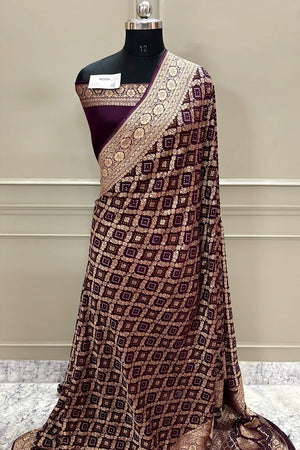 Wine Bandhej Georgette Silk Banarasi Saree