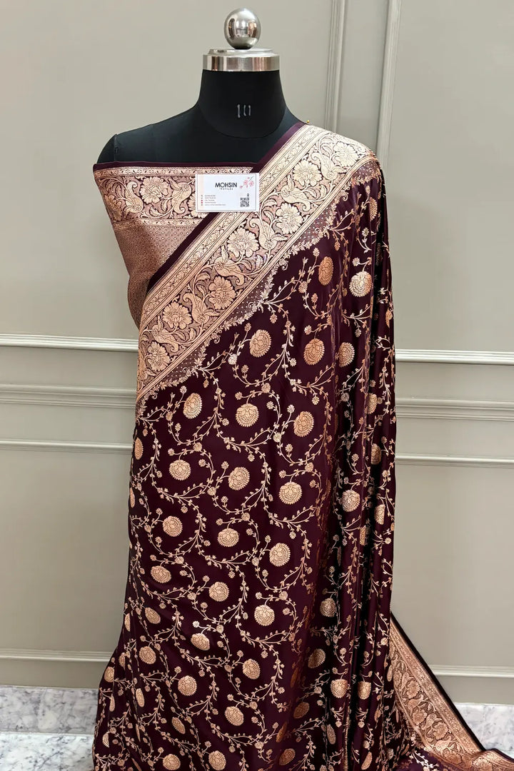 Wine Churmuri Jaal Katan Silk Banarasi Saree