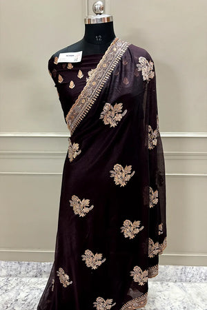 Wine Embordiery Siroski Work Silk Saree