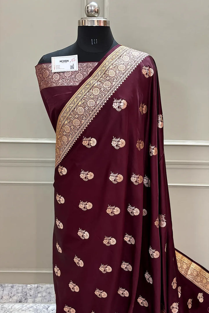 Wine Golden Flower Katan Silk Banarasi Saree