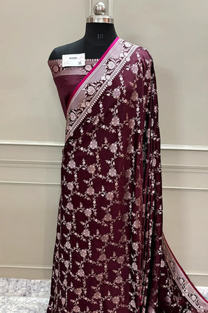 Wine Jhanjaal Katan Silk Banarasi Saree