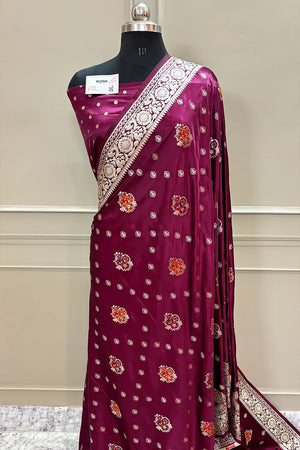 Wine Pangi Buti Katan Silk Banarasi Saree