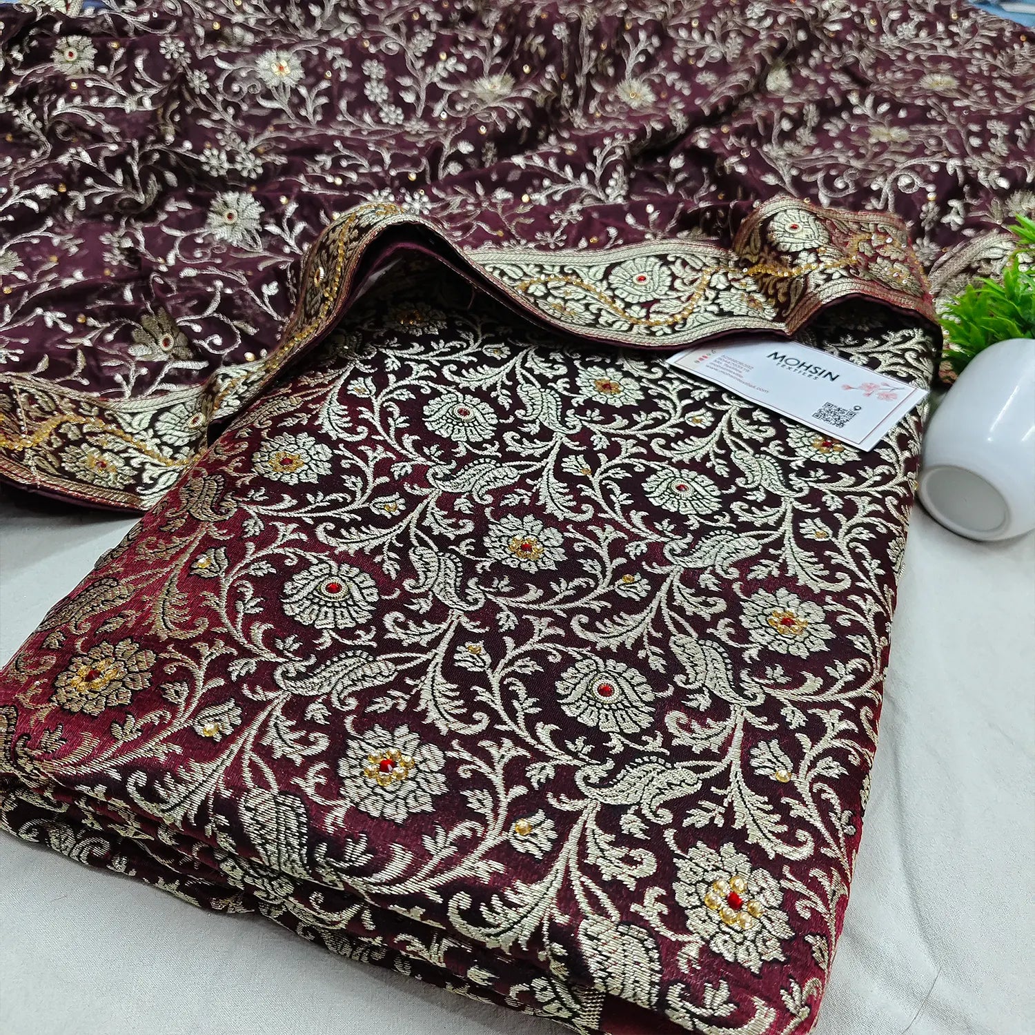 Wine Stone Work Kimkhab Silk Banarasi Gharara