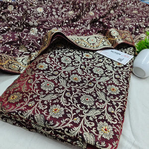 Wine Stone Work Kimkhab Silk Banarasi Gharara