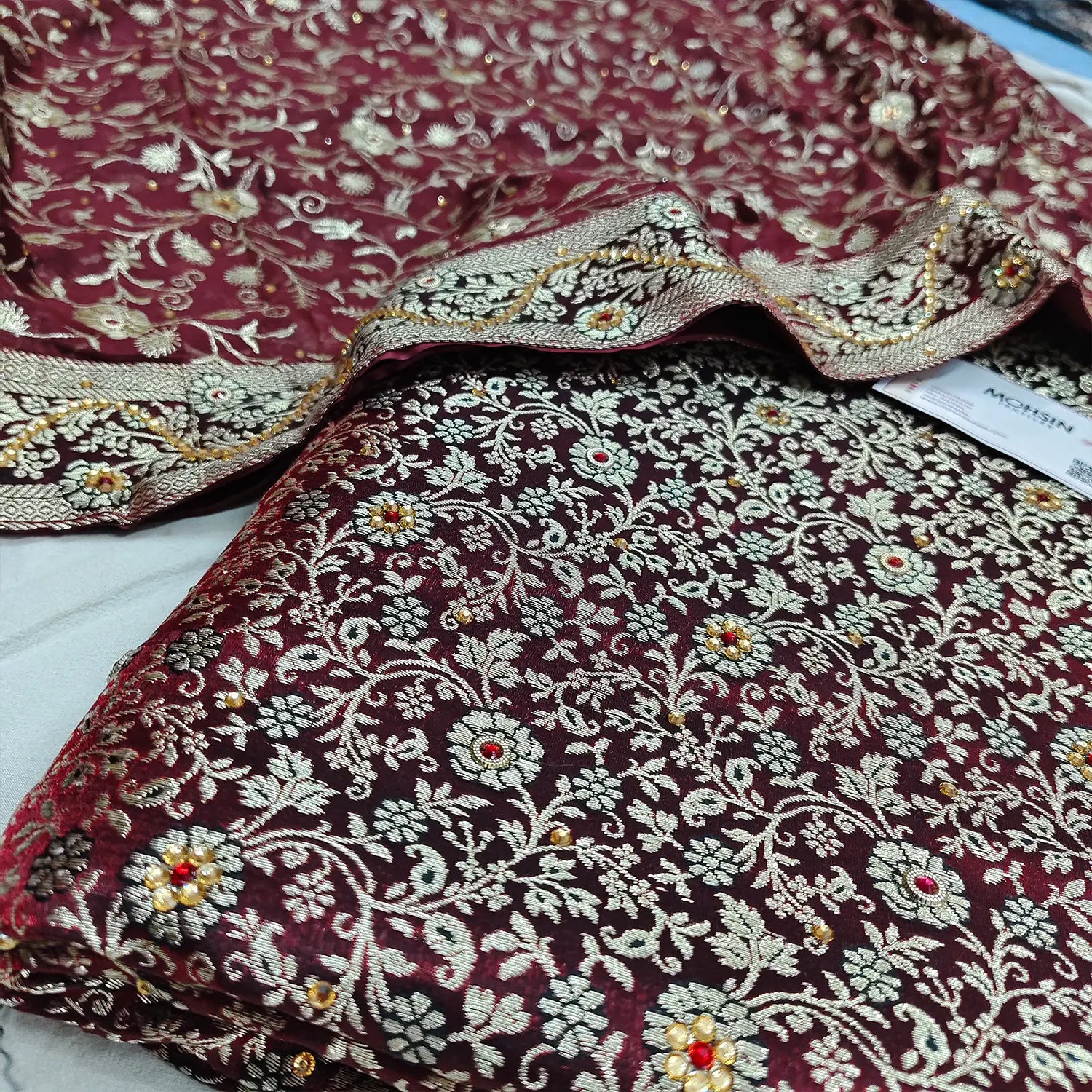 Wine Stone Work Kimkhab Silk Banarasi Gharara