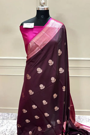 Wine and Pink Golden Zari Banarasi Silk Saree