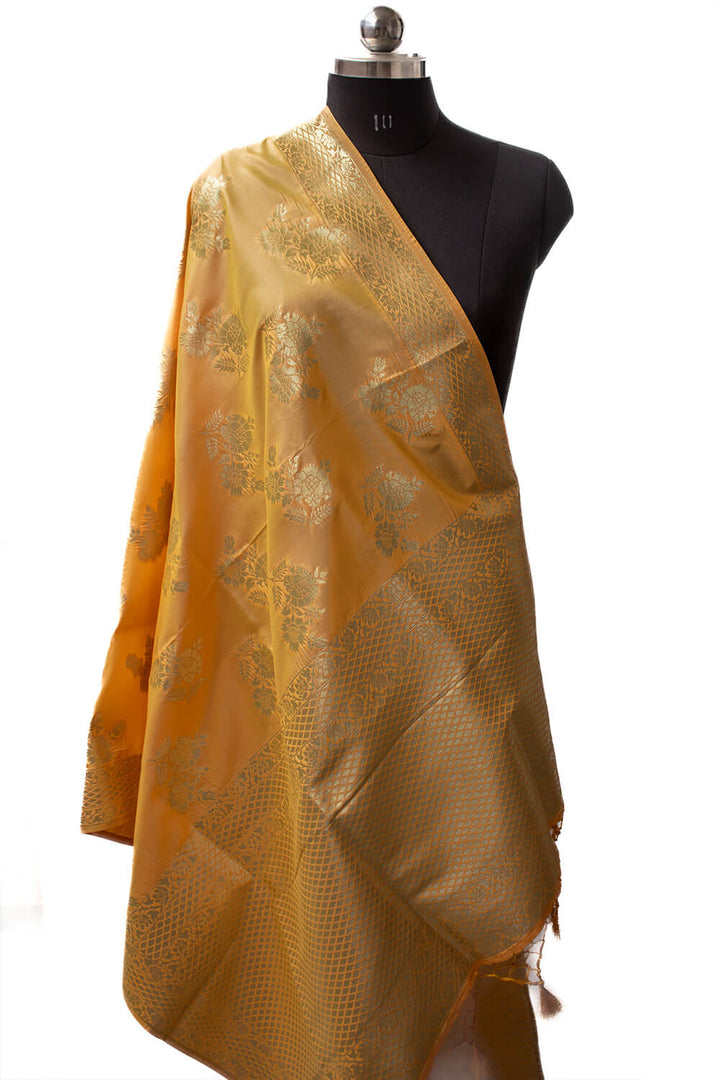 Yellow Golden Zari Katan Silk Banarasi Dupatta