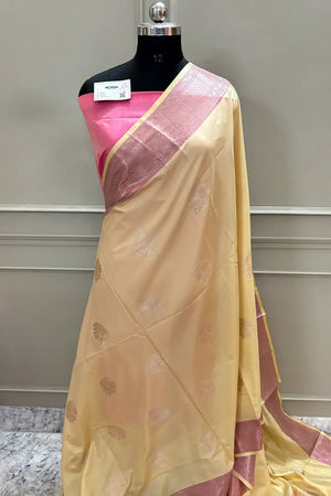 Yellow and Pink Golden Zari Banarasi Silk Saree