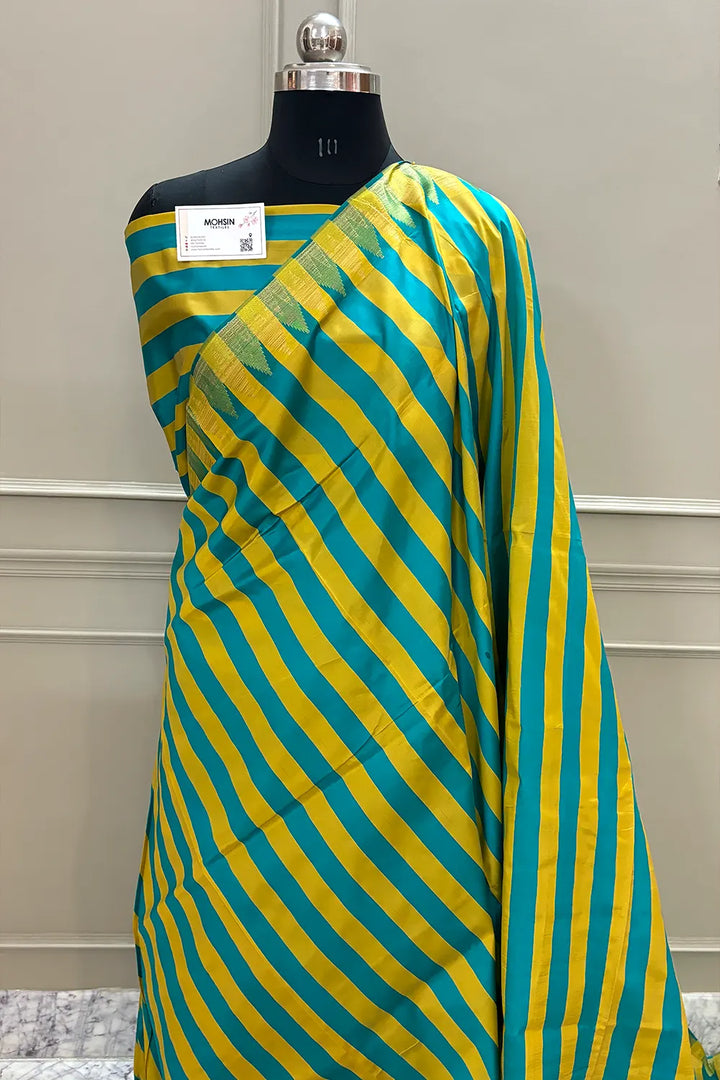 Yellow and Sea Green Stripe Plain Satin Silk Banarasi Saree