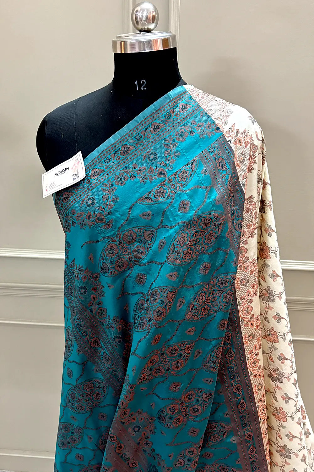 Beige and Teal Resham Silk Banarasi Saree