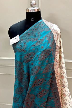 Beige and Teal Resham Silk Banarasi Saree
