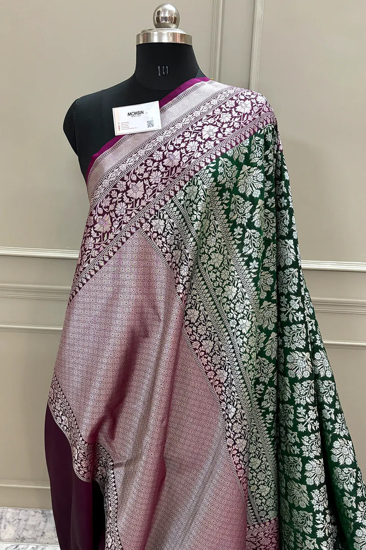 Bottle Green and Purple Temple Buta Katan Silk Banarasi Saree