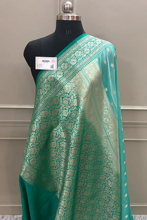 Light Sea Green and Sea Green Rudraksha Buti Katan Silk Banarasi Saree