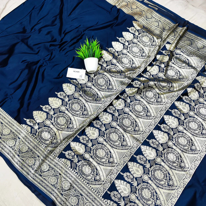 Navy Blue Royal Plain Katan Silk Banarasi Saree