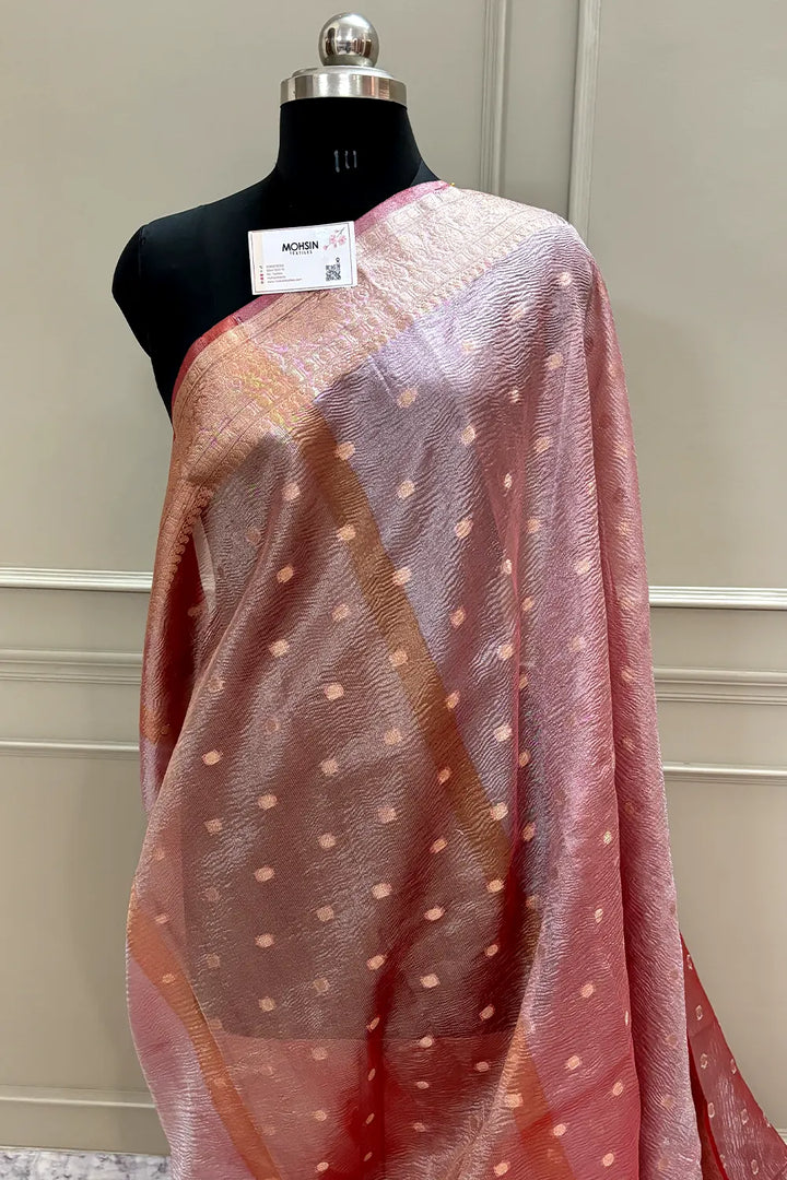 Peach Dollar Buti Crush Tissue Silk Banarasi Saree