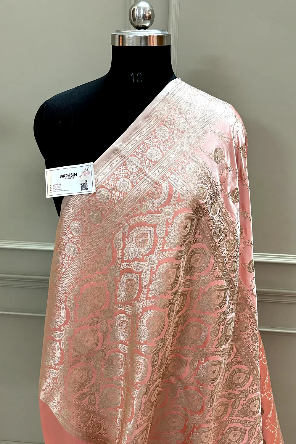 Claughton Ropeway Pink Peachy Pink Ropeway Jaal Katan Silk Banarasi Saree – Mohsin Textiles