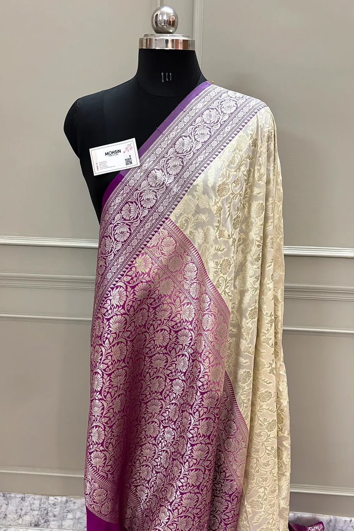 White and Magenta Gulabi Jaal Katan Silk Banarasi Saree