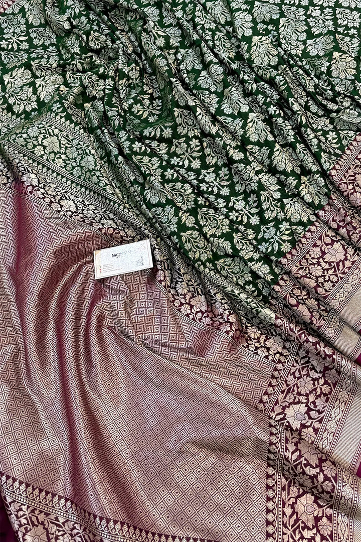 Bottle Green and Purple Temple Buta Katan Silk Banarasi Saree