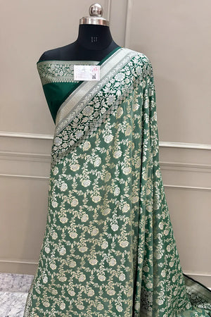Mint Green and Bottle Green Maharani Jaal Crepe Silk Banarasi Saree