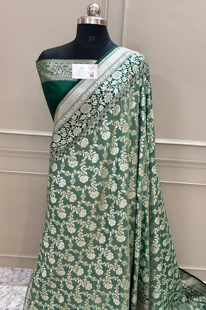 Mint Green and Bottle Green Maharani Jaal Crepe Silk Banarasi Saree