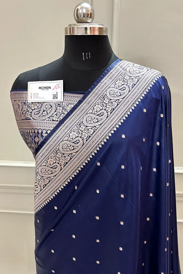 Navy Blue Chitrani Buti Katan Silk Banarasi Saree