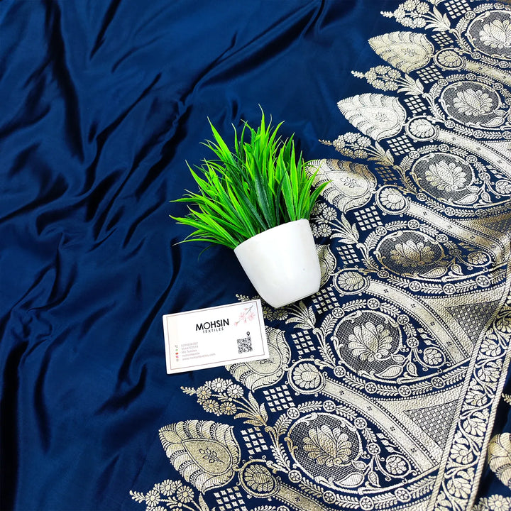 Navy Blue Royal Plain Katan Silk Banarasi Saree