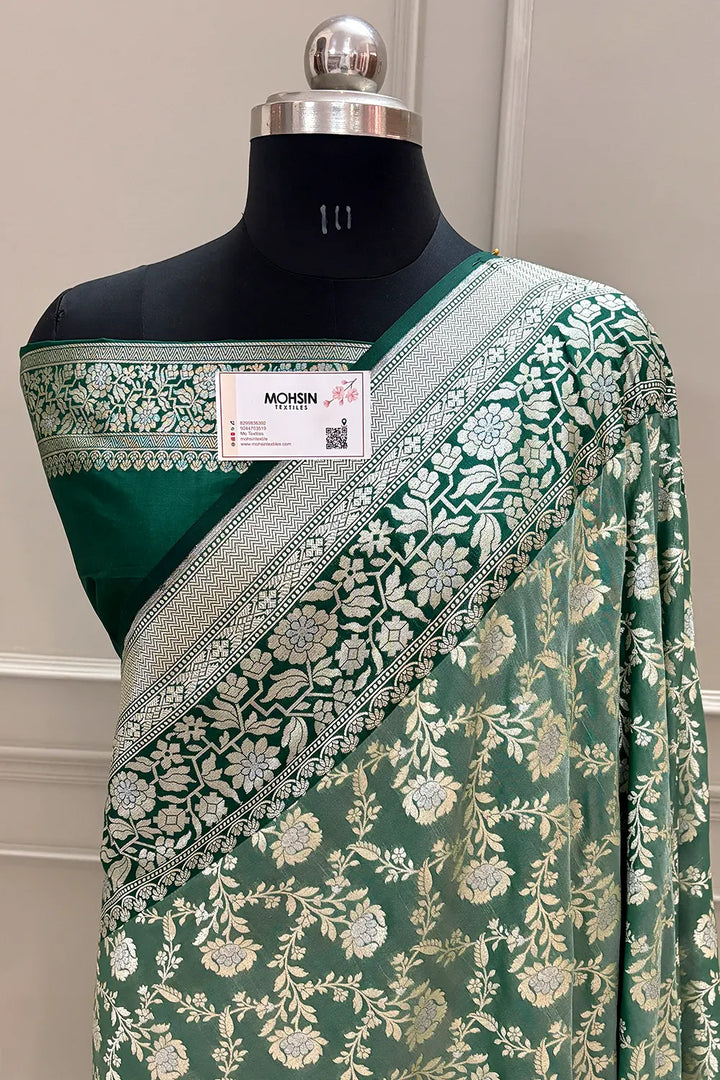 Mint Green and Bottle Green Maharani Jaal Crepe Silk Banarasi Saree