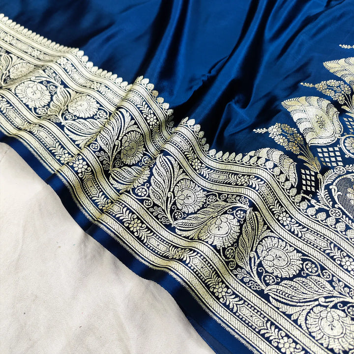 Navy Blue Royal Plain Katan Silk Banarasi Saree