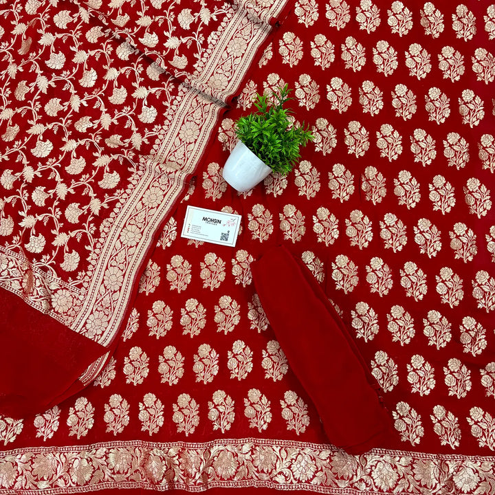 Red Guldasta Pure Georgette Silk Banarasi Suit