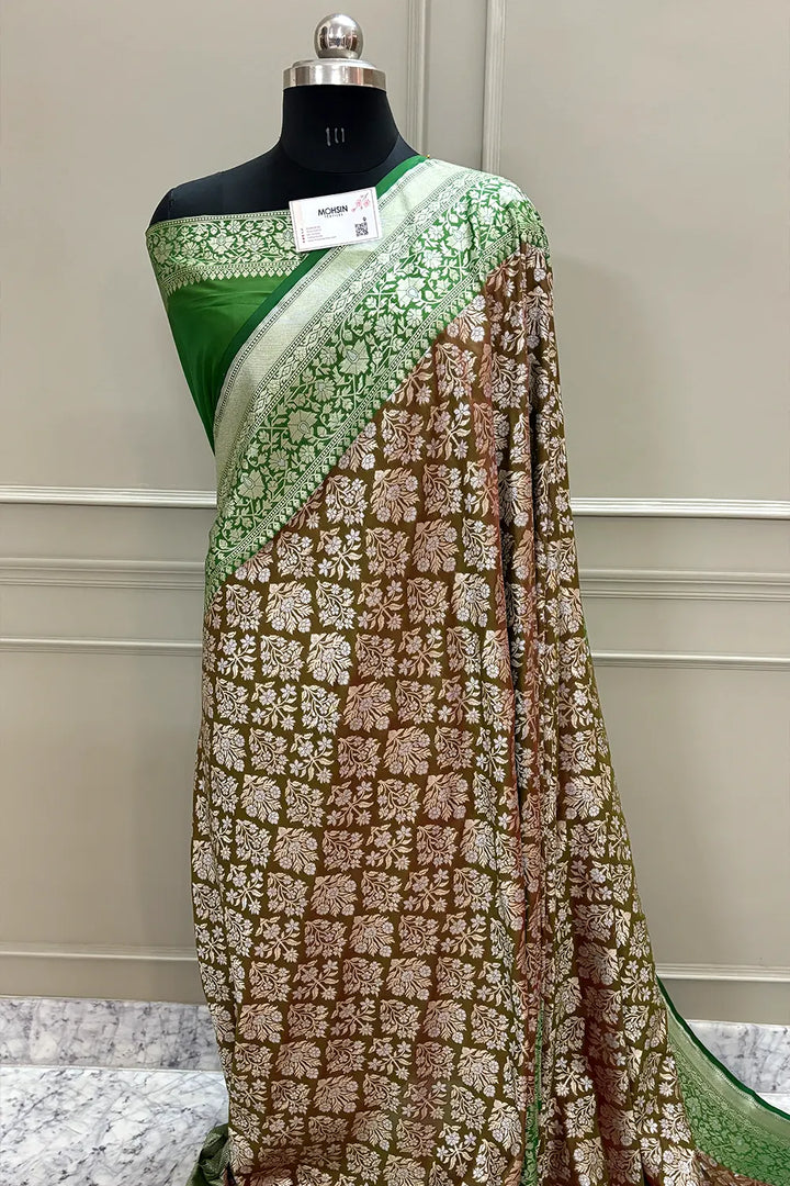 Brown and Green Temple Buta Katan Silk Banarasi Saree