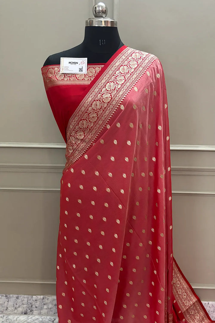 Light Red and Red Rudraksha Buti Katan Silk Banarasi Saree