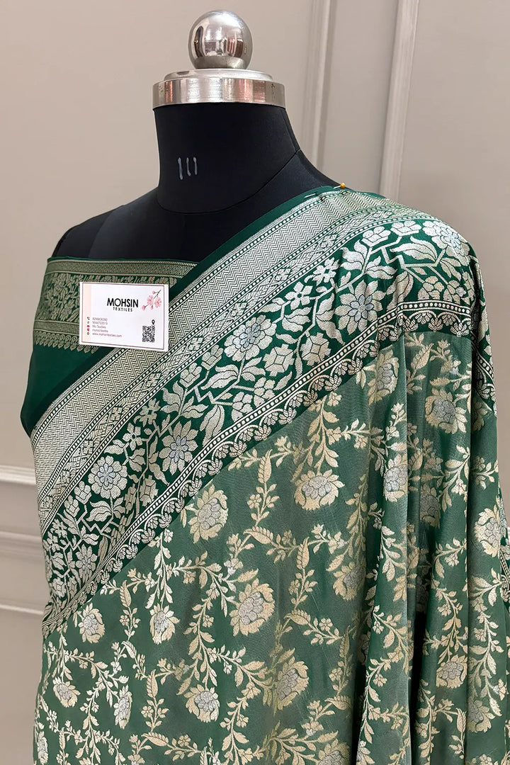 Mint Green and Bottle Green Maharani Jaal Crepe Silk Banarasi Saree