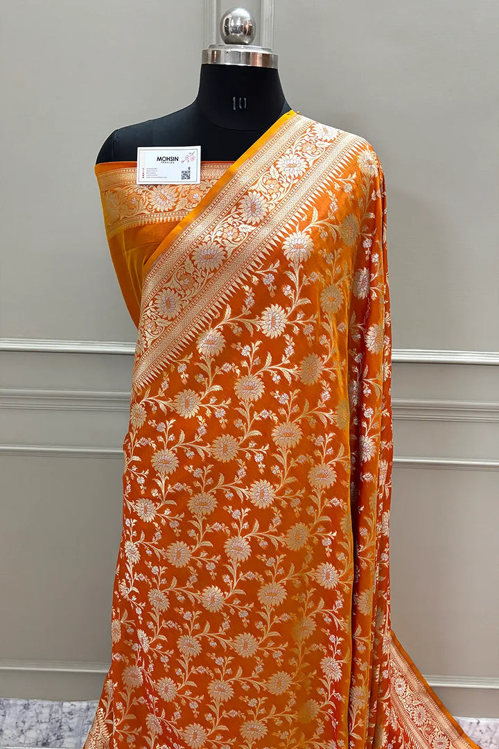 Orange Ganga Jamuna Crepe Silk Banarasi Saree